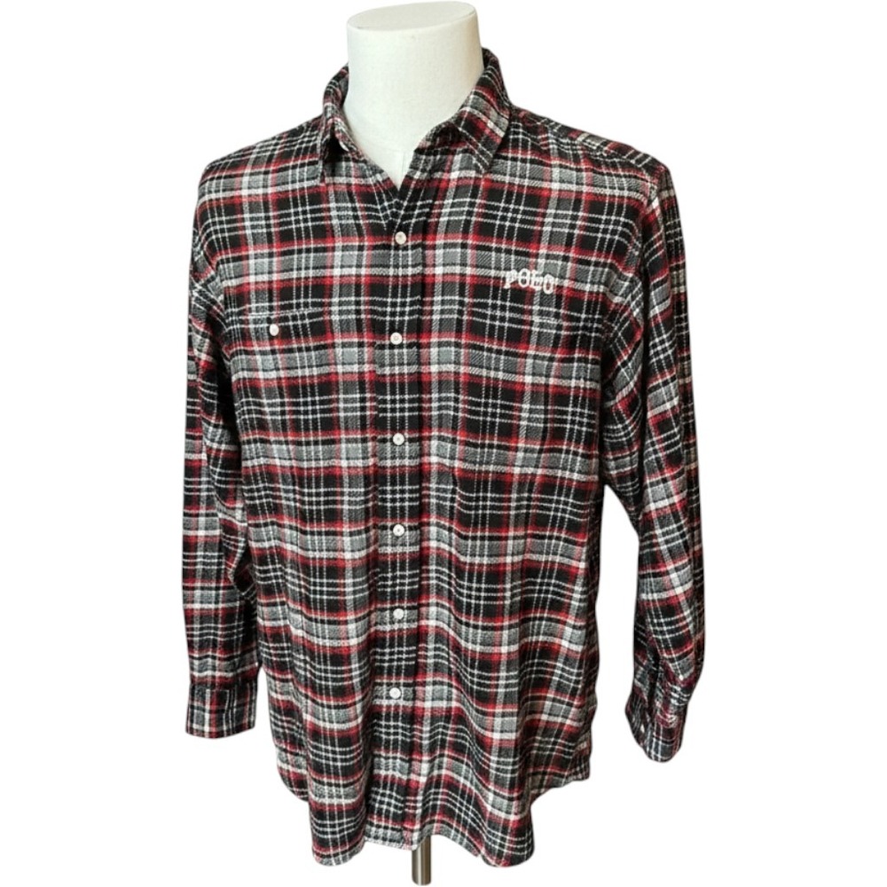 Polo Ralph Lauren Men XL Red Black White Plaid Flannel Button Down Shirt VINTAGE